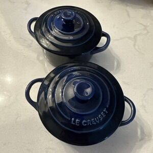 2 x LE CREUSET 8oz Round Mini Petite Cocotte Blue Covered Casserole Dishes